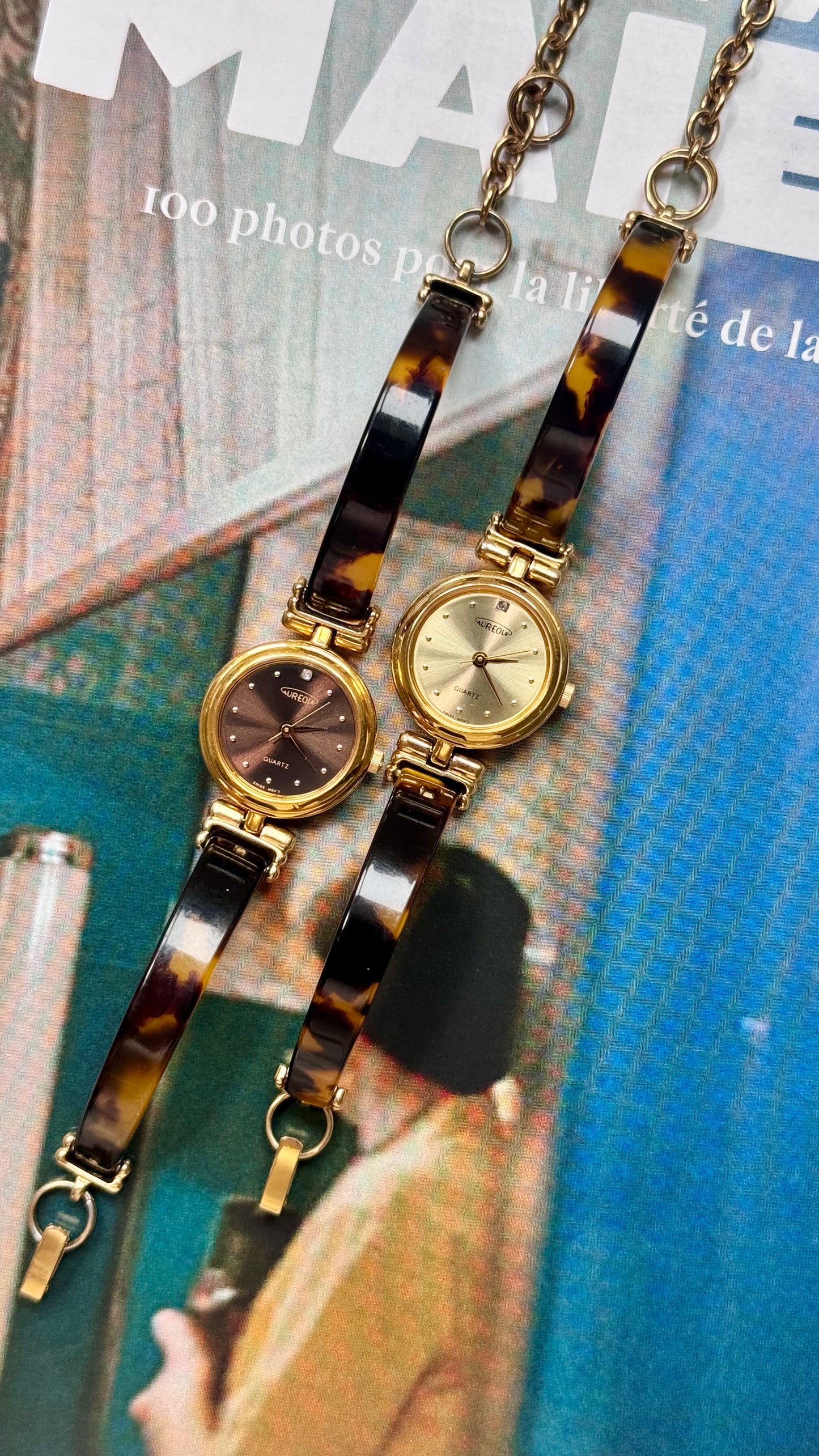 Aureole tortoiseshell inspired & gold vintage watches