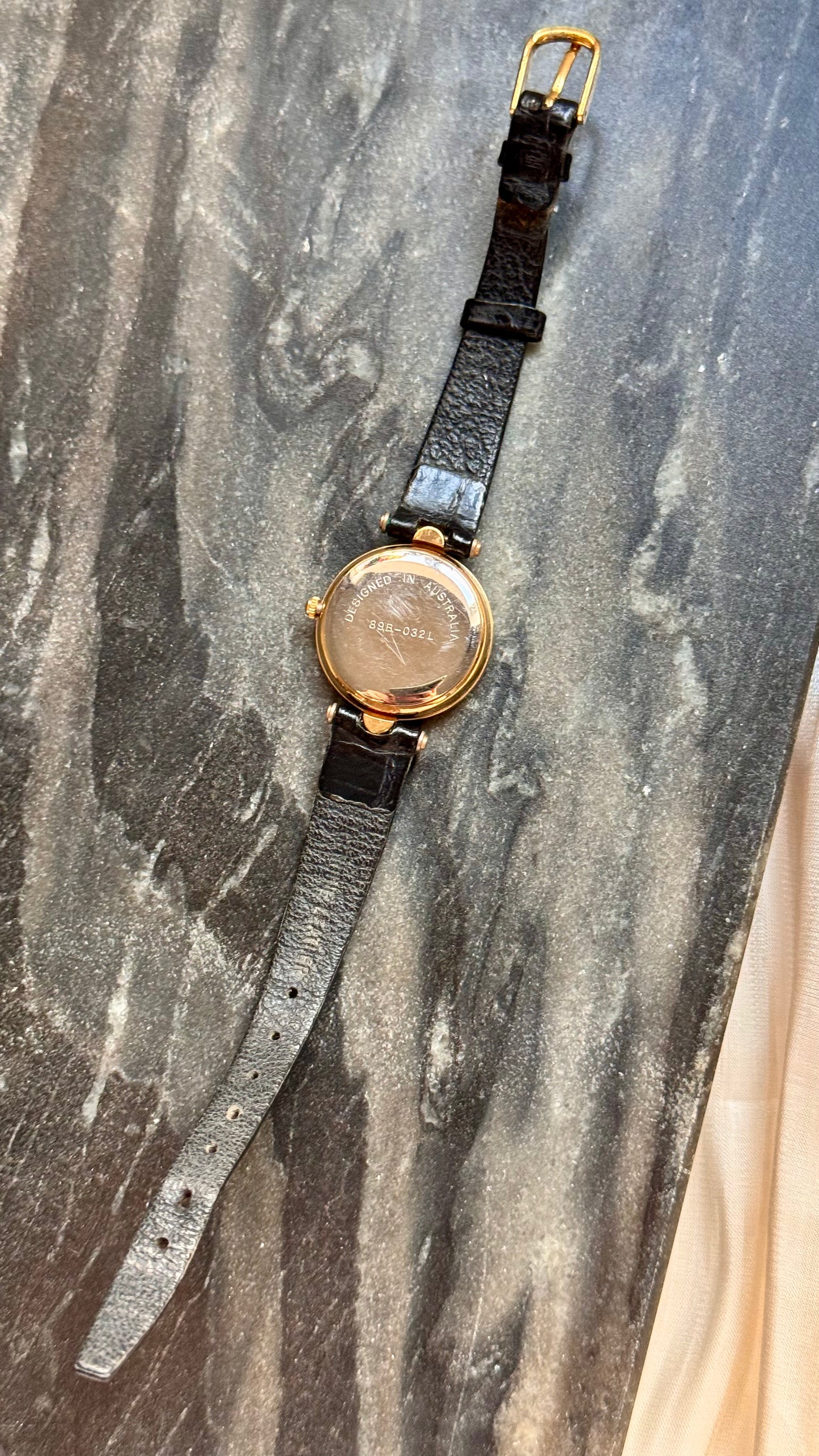 Fabergé Mosaic Opal Dial Watch, Swiss Movement and Genuine Black Leather Strap 1980s