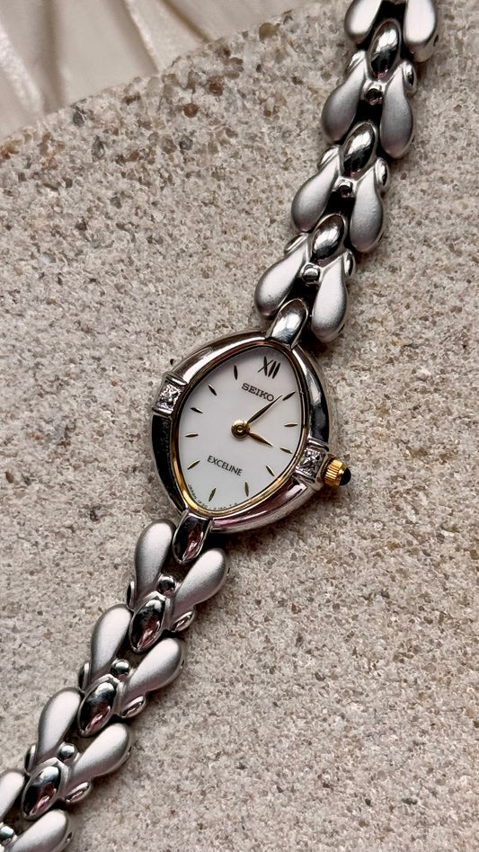 Seiko Exceline 1998 vintage watch - diamonds on the case with pearl dial