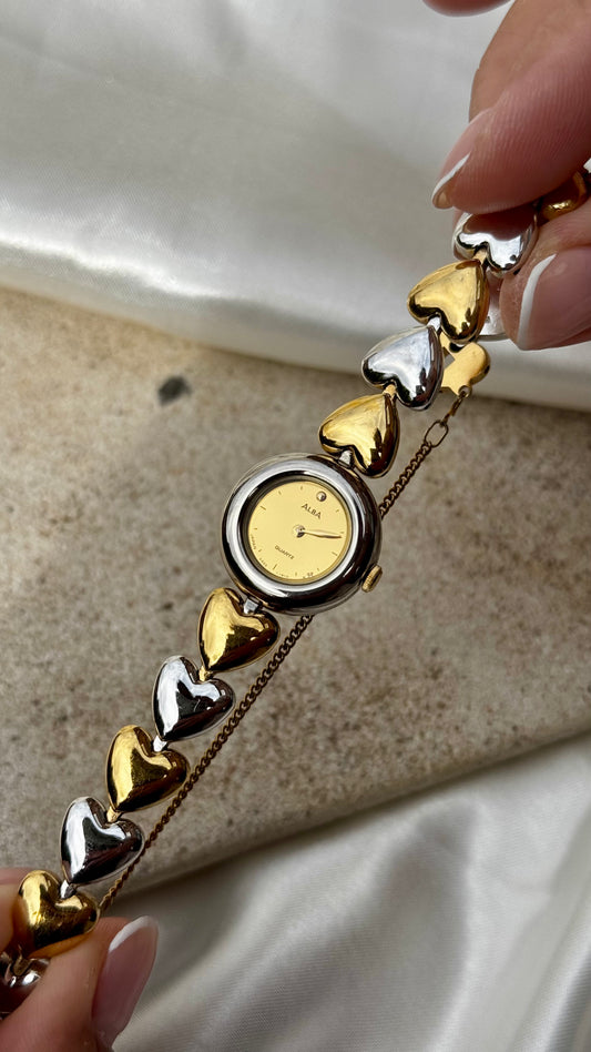 1996 Seiko Alba vintage watch- heart bracelet, mirror dial