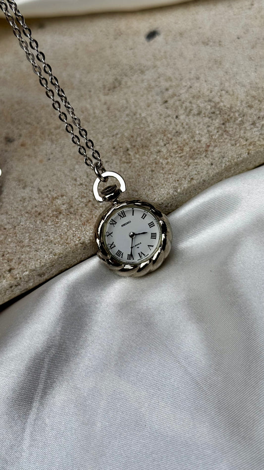 Art Deco Seiko Pendant Watch 1970s - White Gold Plated