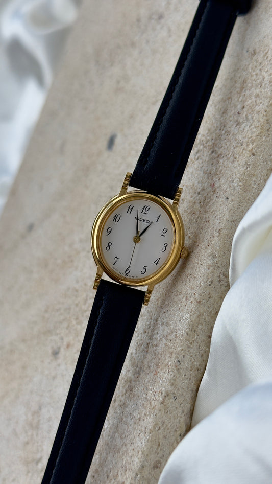 Near Mint - Vintage Seiko 1990 Watch - Gold Plated Stepped Case, handmade genuine leather