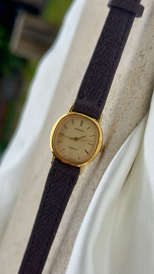 ORIENT Vintage Watch 1980s - cushioned case, gold plated, handmade leather