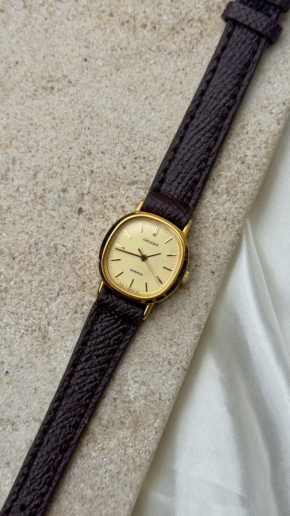 ORIENT Vintage Watch 1980s - cushioned case, gold plated, handmade leather
