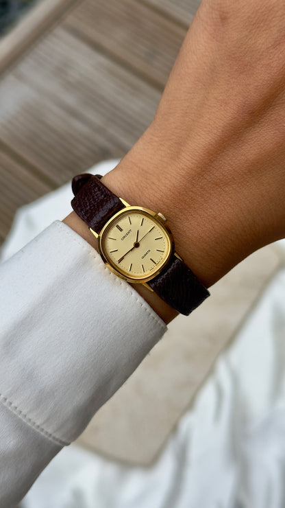 ORIENT Vintage Watch 1980s - cushioned case, gold plated, handmade leather