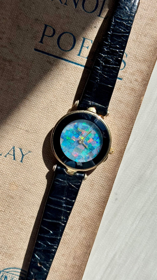 Fabergé Mosaic Opal Dial Watch,  Swiss Movement and Genuine Black Leather Strap 1980s