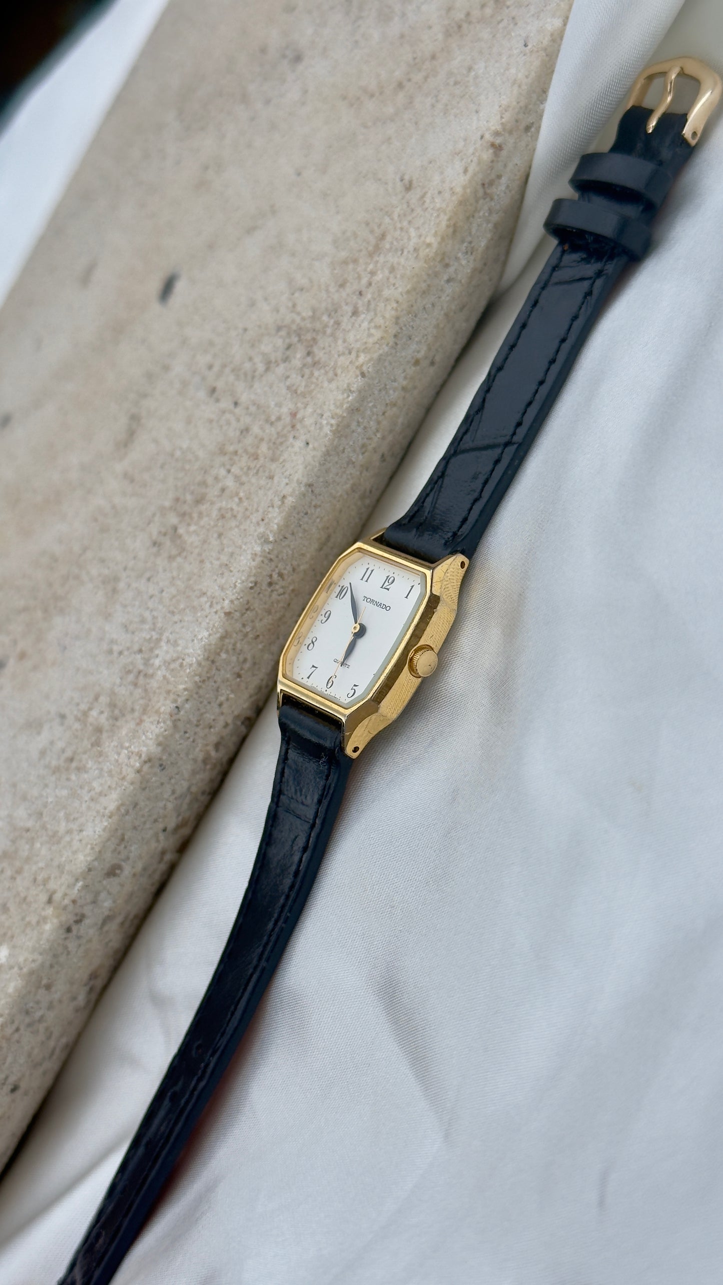 Vintage Seiko Tornado Women's Tank Watch 1990s - Gold Plated, Handmade Leather