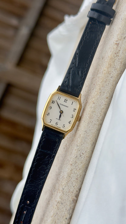 Vintage Seiko Tornado Women's Tank Watch 1990s - Gold Plated, Handmade Leather