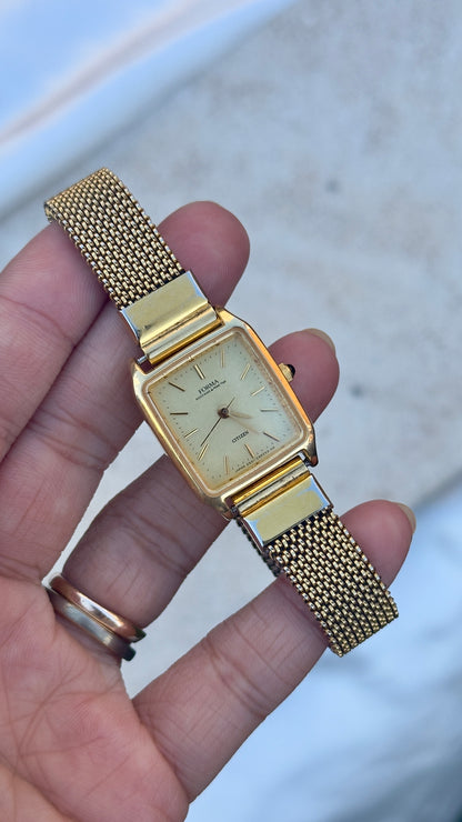 Citizen Forma Vintage Tank Watch 1987 - Gold plated, stretch band