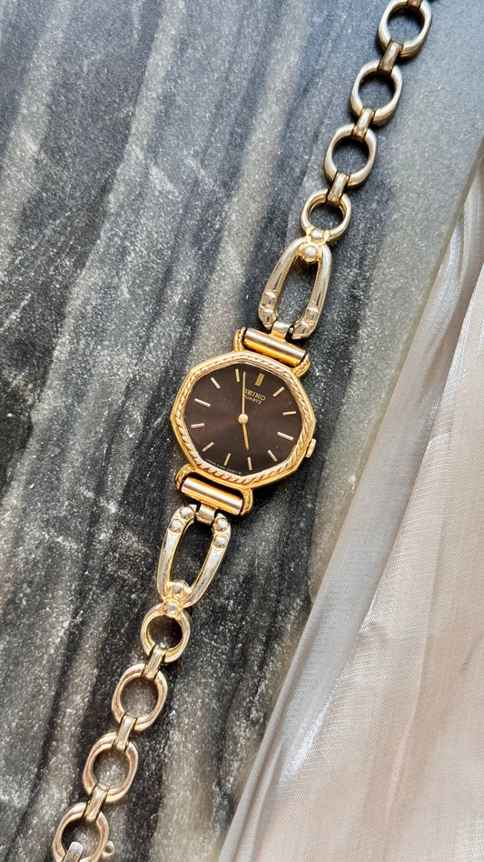 Super Rare Find Vintage Seiko Watch 1980 - Gold Plated - Brown Dial