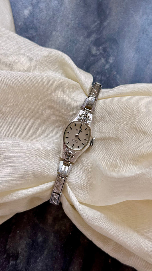 1960s Citizen Manual Wind Watch, White Gold Plated - Stretch Bracelet