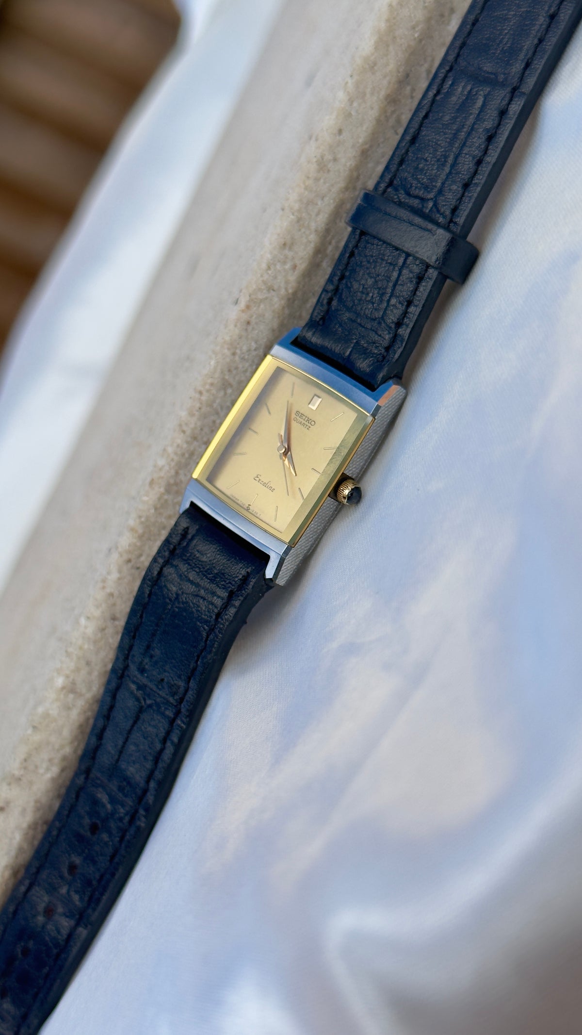 Vintage Seiko Exceline 1995 Tank Watch - Tungsten Carbide case with genuine leather