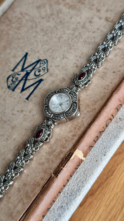 Art Deco Avon vintage watch - silver with marcasite, red gems