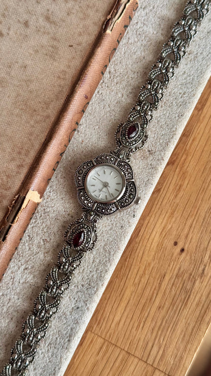 Art Deco Avon vintage watch - silver with marcasite, red gems