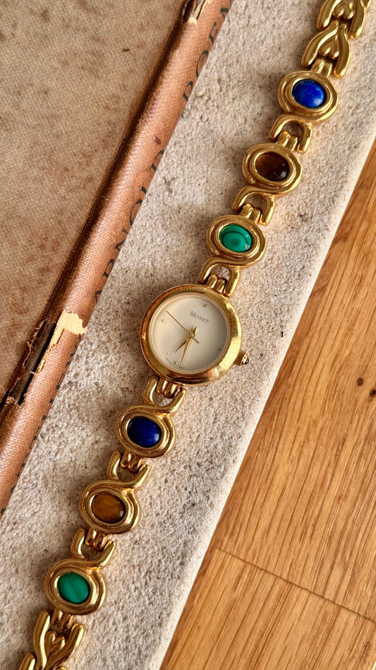 Monet vintage watch - gold plated, mother of pearl dial and adorned gemstones
