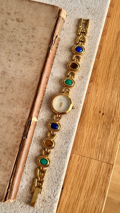 Monet vintage watch - gold plated, mother of pearl dial and adorned gemstones
