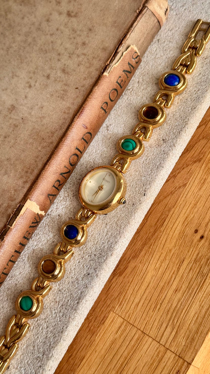 Monet vintage watch - gold plated, mother of pearl dial and adorned gemstones