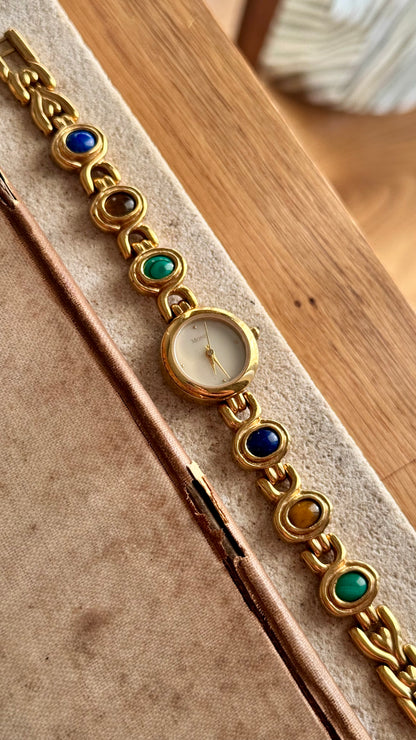 Monet vintage watch - gold plated, mother of pearl dial and adorned gemstones