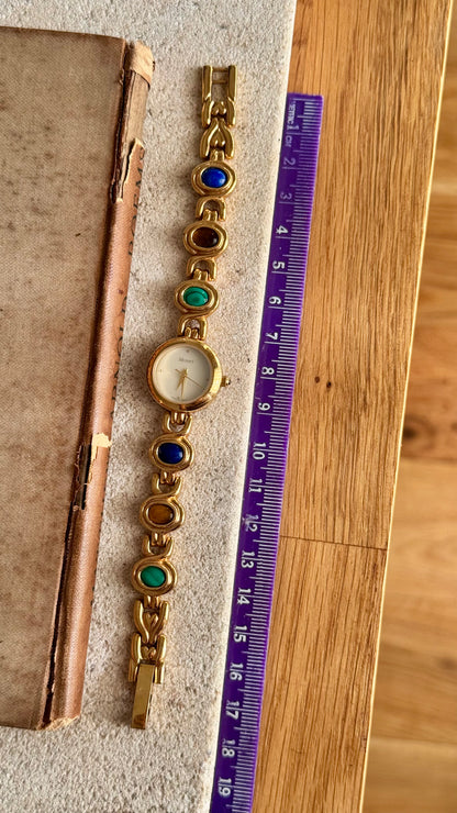 Monet vintage watch - gold plated, mother of pearl dial and adorned gemstones