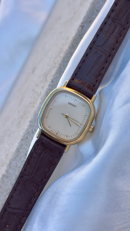 Vintage 1985 Seiko Watch - Gold Plated Case, Genuine Handmade Leather