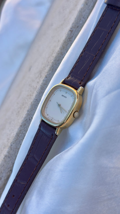 Vintage 1985 Seiko Watch - Gold Plated Case, Genuine Handmade Leather