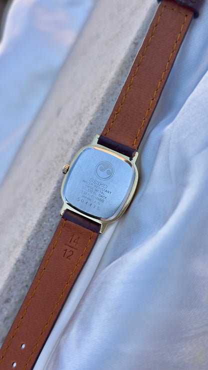 Vintage 1985 Seiko Watch - Gold Plated Case, Genuine Handmade Leather