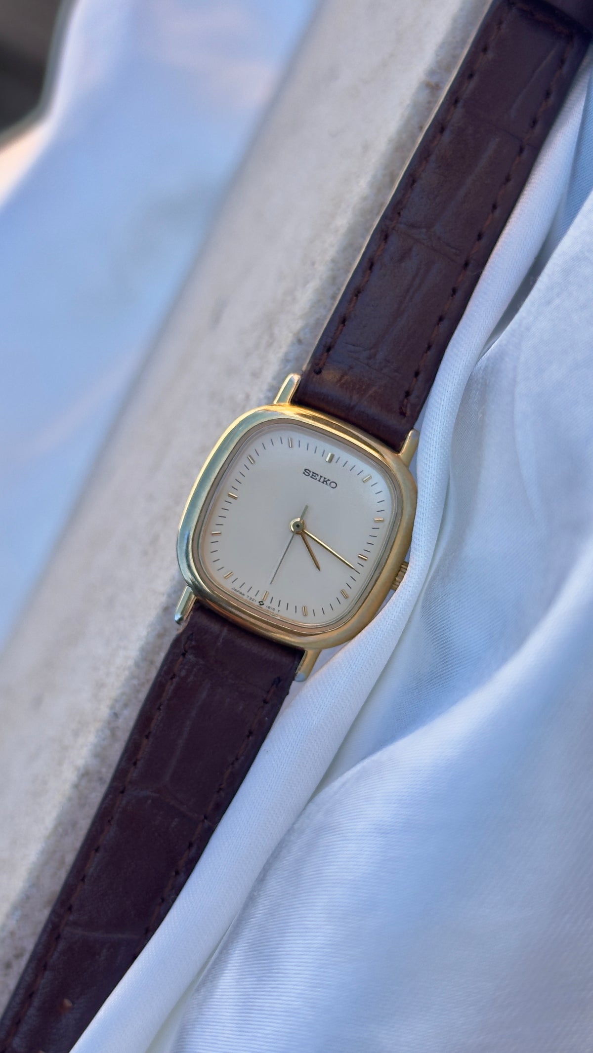 Vintage 1985 Seiko Watch - Gold Plated Case, Genuine Handmade Leather