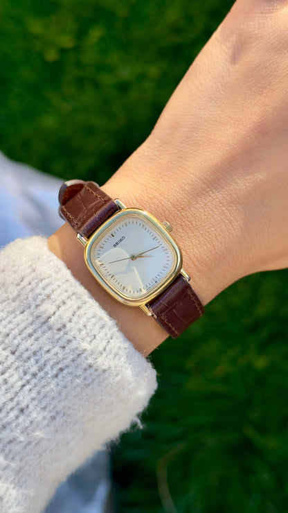 Vintage 1985 Seiko Watch - Gold Plated Case, Genuine Handmade Leather