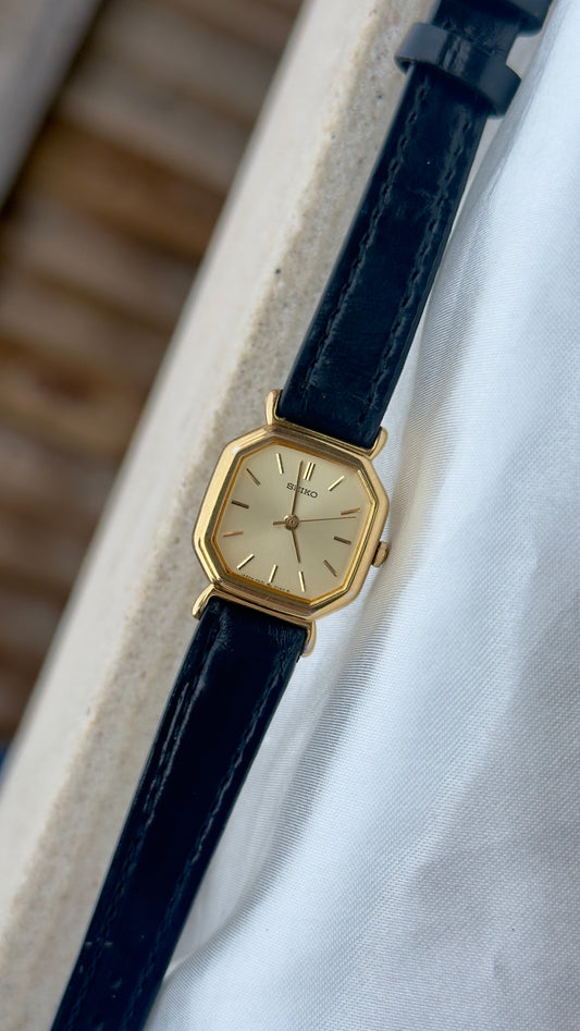 Vintage 1993 Seiko Watch - Gold Plated Case, Genuine Handmade Leather