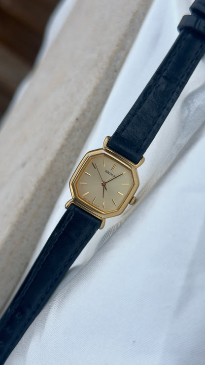 Vintage 1993 Seiko Watch - Gold Plated Case, Genuine Handmade Leather