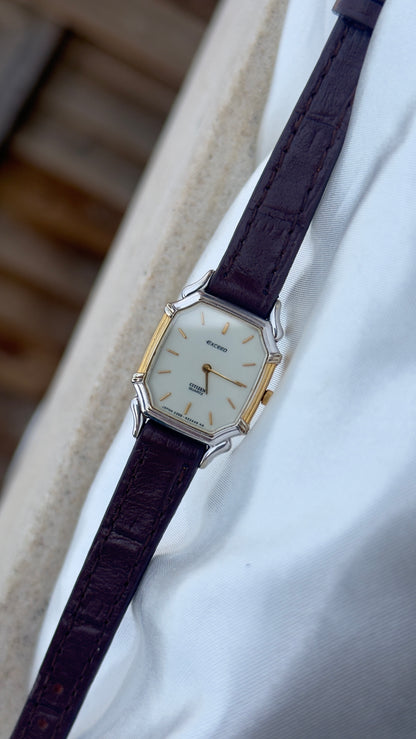 Vintage 1985 Citizen Exceed Watch Ultra Thin - Gold Plated Case, Genuine Handmade Leather