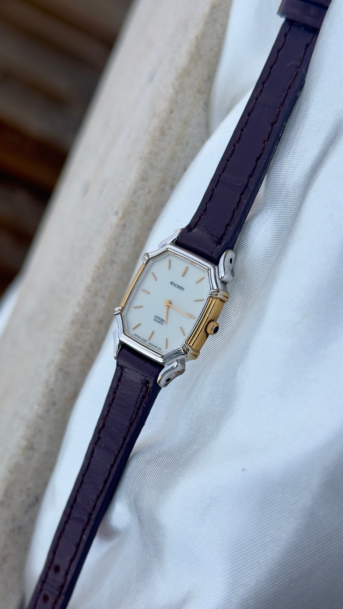 Vintage 1985 Citizen Exceed Watch Ultra Thin - Gold Plated Case, Genuine Handmade Leather