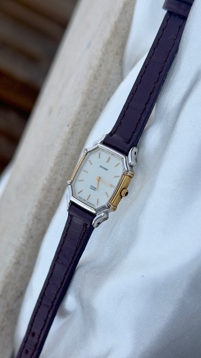 Vintage 1985 Citizen Exceed Watch Ultra Thin - Gold Plated Case, Genuine Handmade Leather