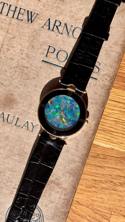 Fabergé Mosaic Opal Dial Watch,  Swiss Movement and Genuine Black Leather Strap 1980s