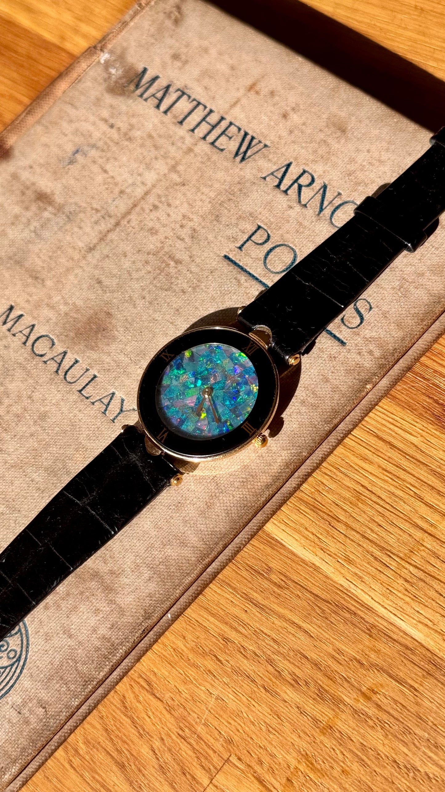 Fabergé Mosaic Opal Dial Watch,  Swiss Movement and Genuine Black Leather Strap 1980s
