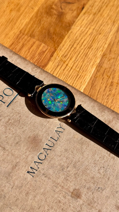 Fabergé Mosaic Opal Dial Watch,  Swiss Movement and Genuine Black Leather Strap 1980s