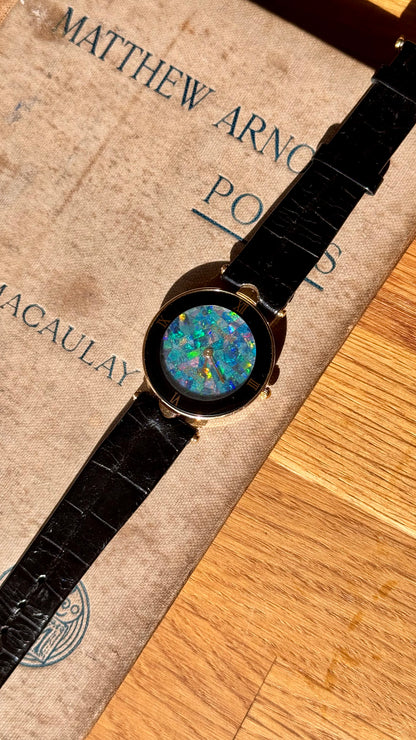 Fabergé Mosaic Opal Dial Watch,  Swiss Movement and Genuine Black Leather Strap 1980s