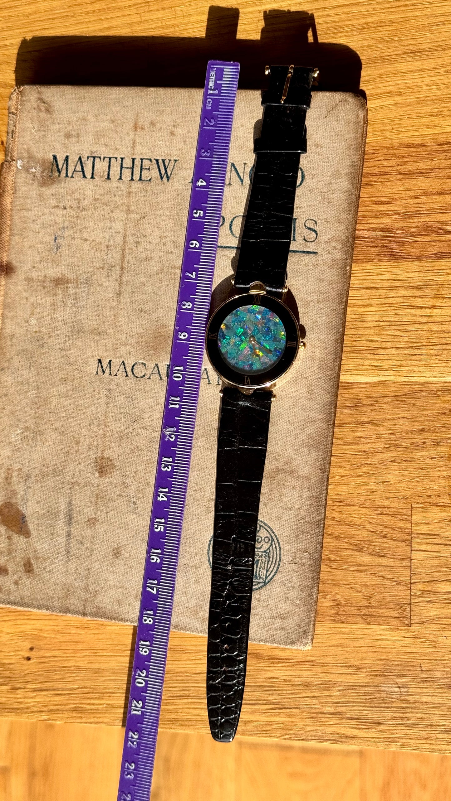 Fabergé Mosaic Opal Dial Watch,  Swiss Movement and Genuine Black Leather Strap 1980s