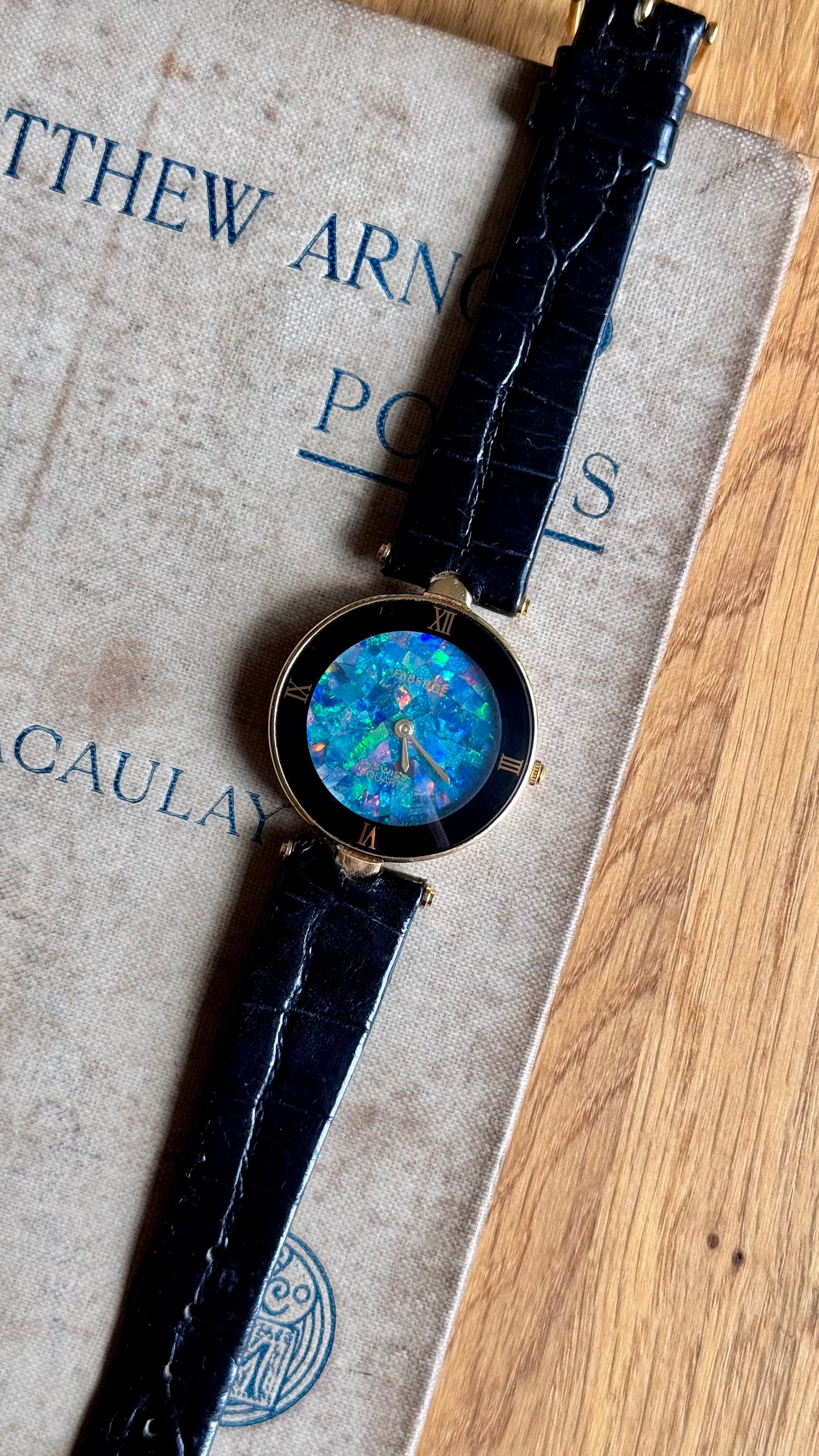 Fabergé Mosaic Opal Dial Watch,  Swiss Movement and Genuine Black Leather Strap 1980s