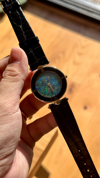 Fabergé Mosaic Opal Dial Watch,  Swiss Movement and Genuine Black Leather Strap 1980s