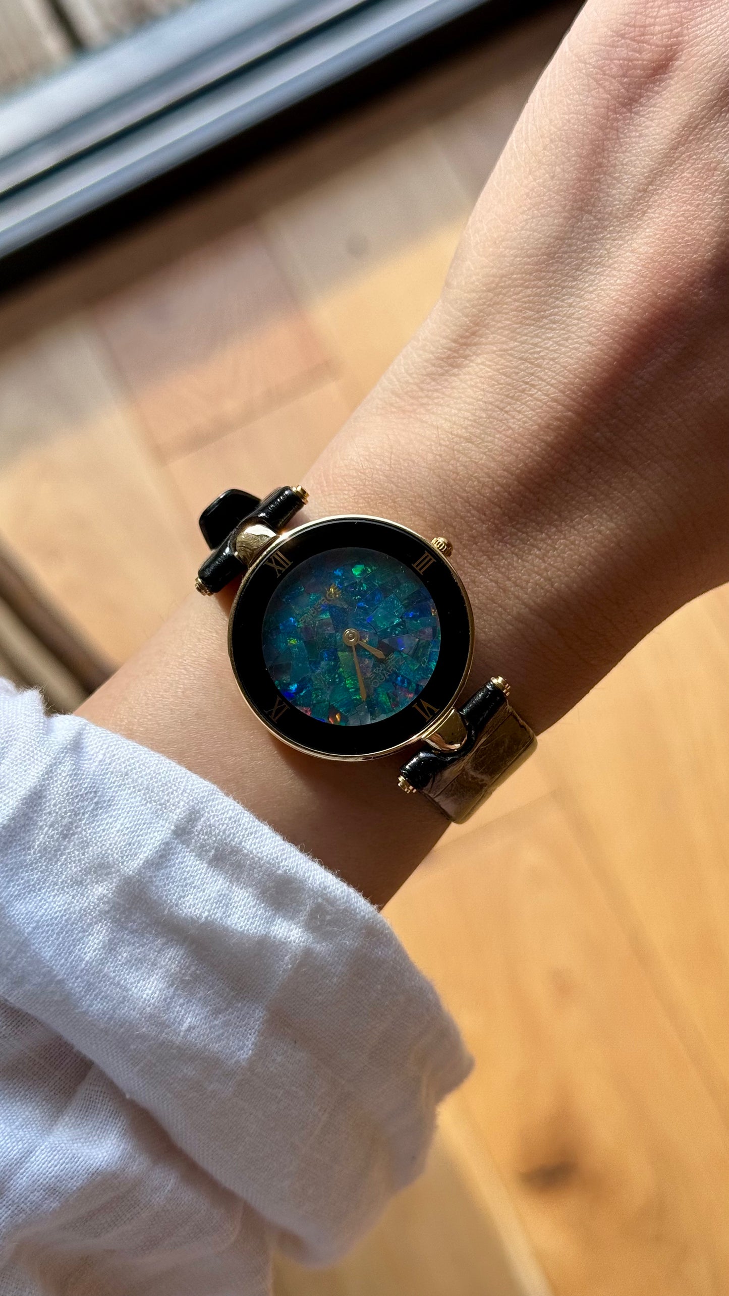 Fabergé Mosaic Opal Dial Watch,  Swiss Movement and Genuine Black Leather Strap 1980s