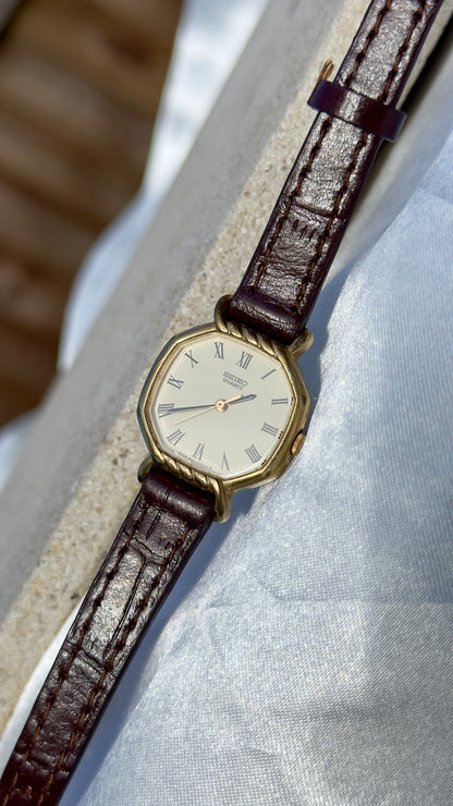 Vintage 1980 Seiko Watch - Gold Plated Case, Genuine Handmade Leather