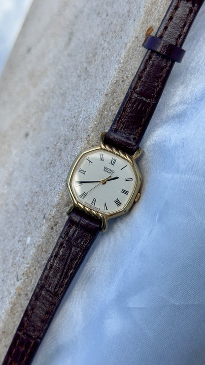Vintage 1980 Seiko Watch - Gold Plated Case, Genuine Handmade Leather