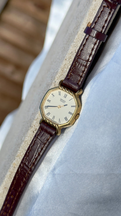 Vintage 1980 Seiko Watch - Gold Plated Case, Genuine Handmade Leather