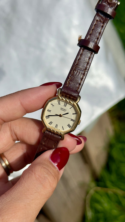 Vintage 1980 Seiko Watch - Gold Plated Case, Genuine Handmade Leather