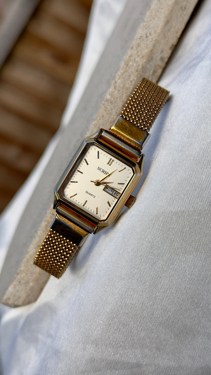 Citizen Script Vintage Tank Watch 1990s - Gold plated, stretch band