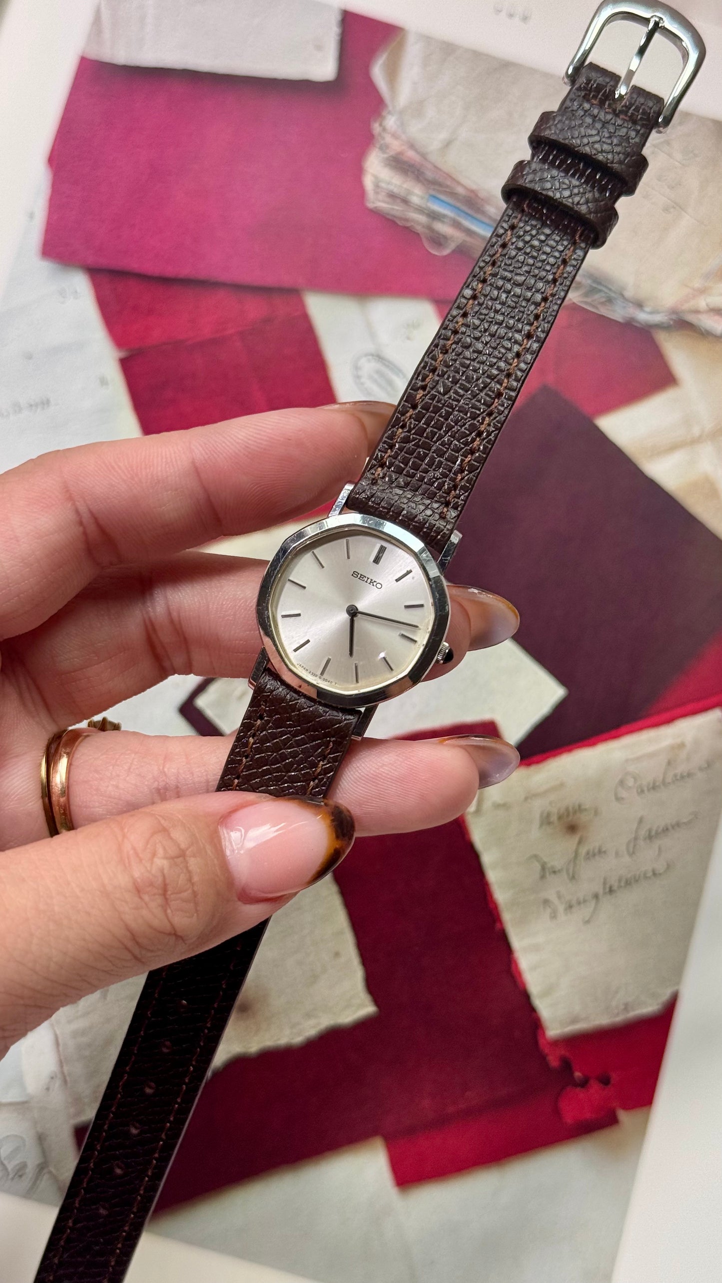 Vintage Seiko Watch 1989, Octagonal Case With Handmade Genuine Leather