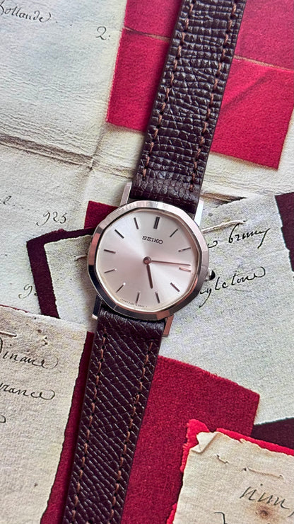 Vintage Seiko Watch 1989, Octagonal Case With Handmade Genuine Leather