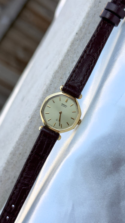 Vintage 1980 Octagon Seiko Watch - Gold Plated Case, Genuine Handmade Leather