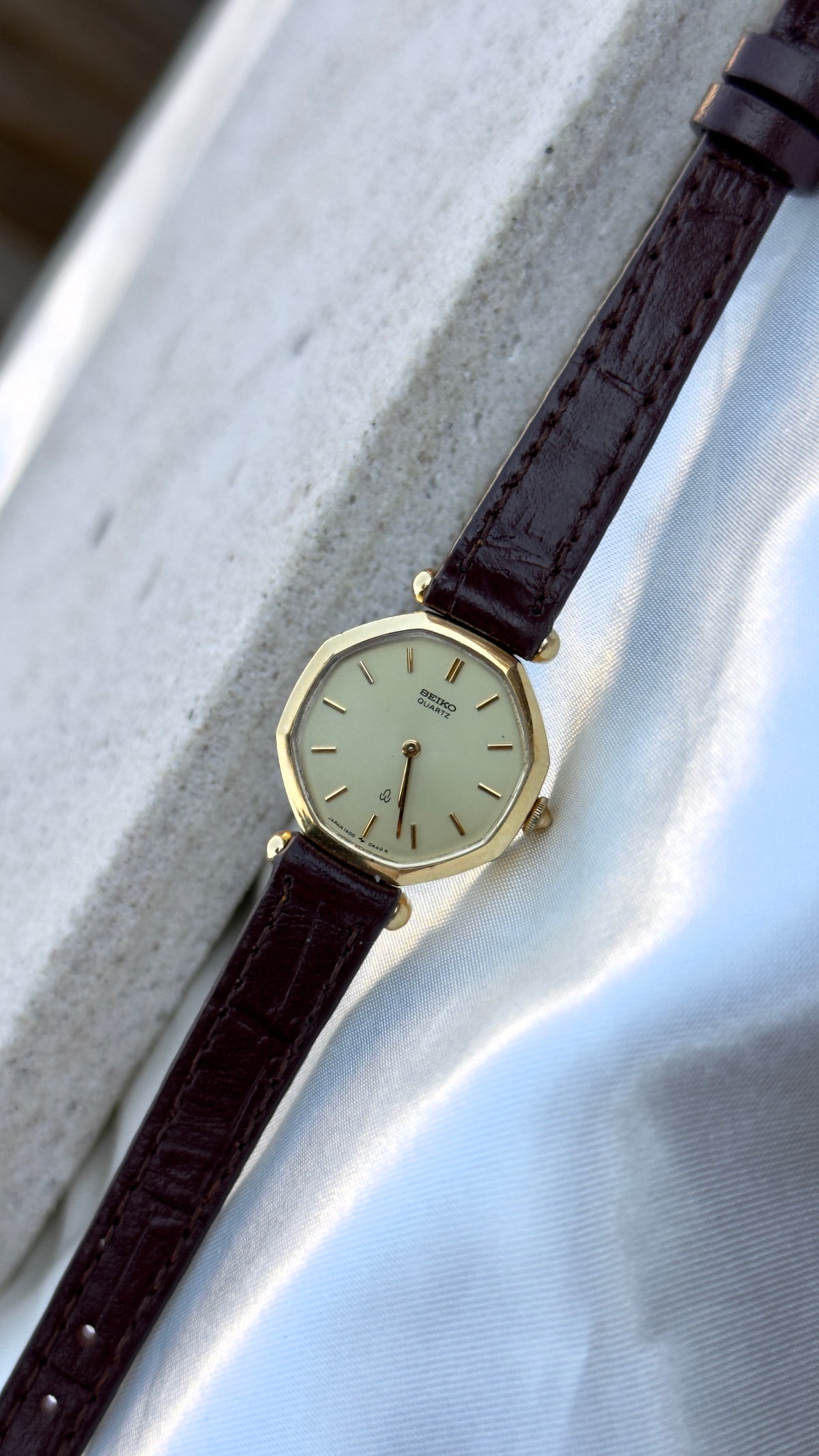 Vintage 1980 Octagon Seiko Watch - Gold Plated Case, Genuine Handmade Leather